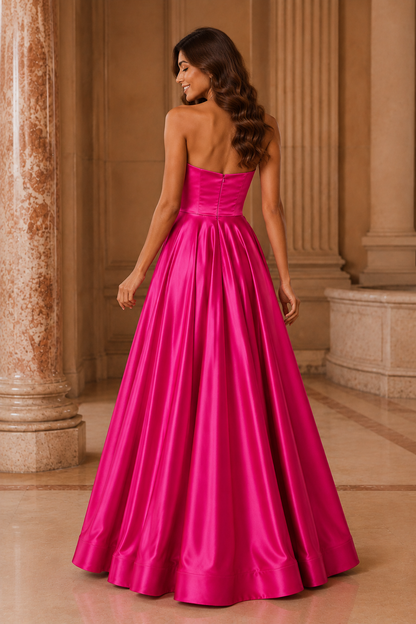 Kalvina A Line Satin Floor Length Prom Dress in Hot Pink - back view