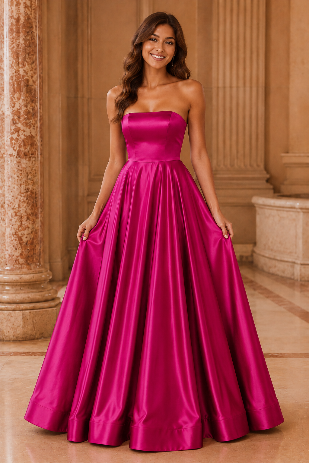 Kalvina A Line Satin Floor Length Prom Dress in Hot Pink - front view