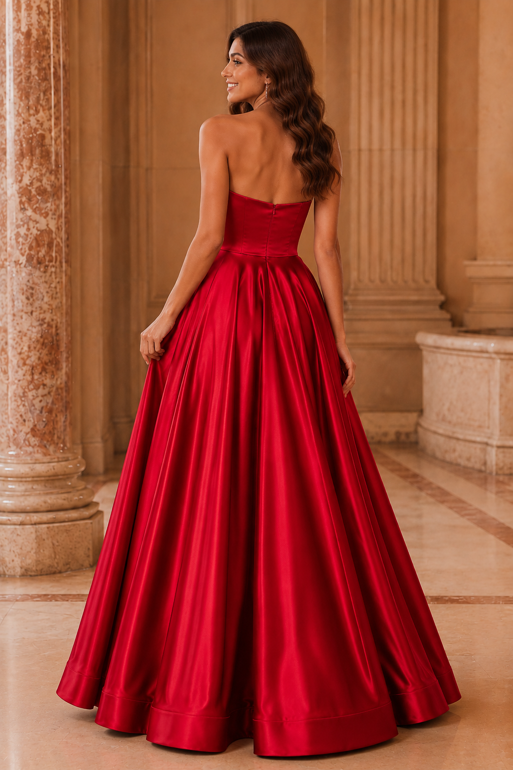 Kalvina A Line Satin Floor Length Prom Dress in Red - back view