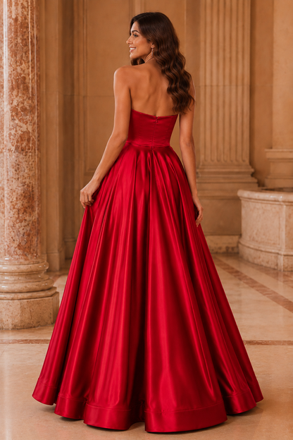Kalvina A Line Satin Floor Length Prom Dress in Red - back view