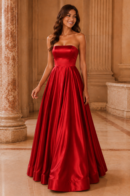 Kalvina A Line Satin Floor Length Prom Dress in Red - front view