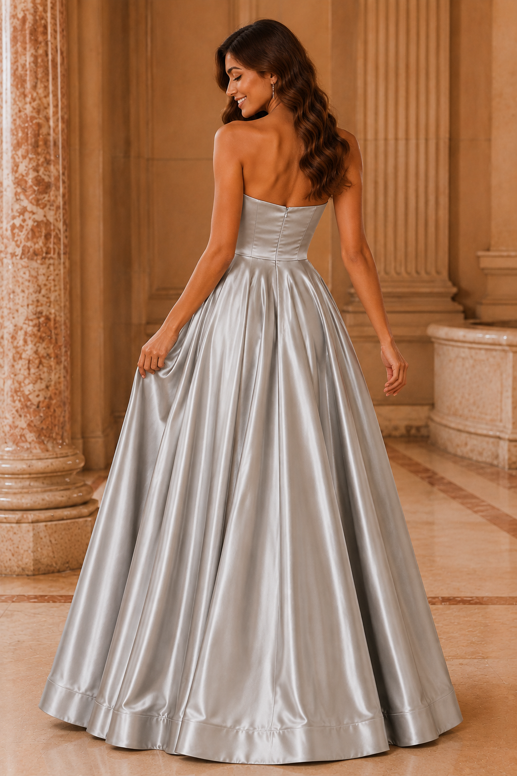 Kalvina A Line Satin Floor Length Prom Dress in Silver - back view