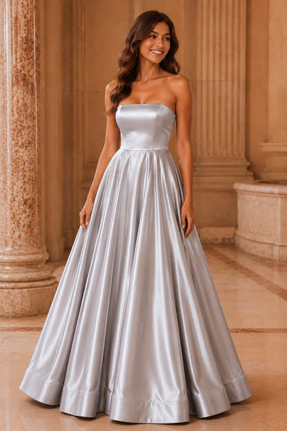 Kalvina A Line Satin Floor Length Prom Dress in Silver - front view