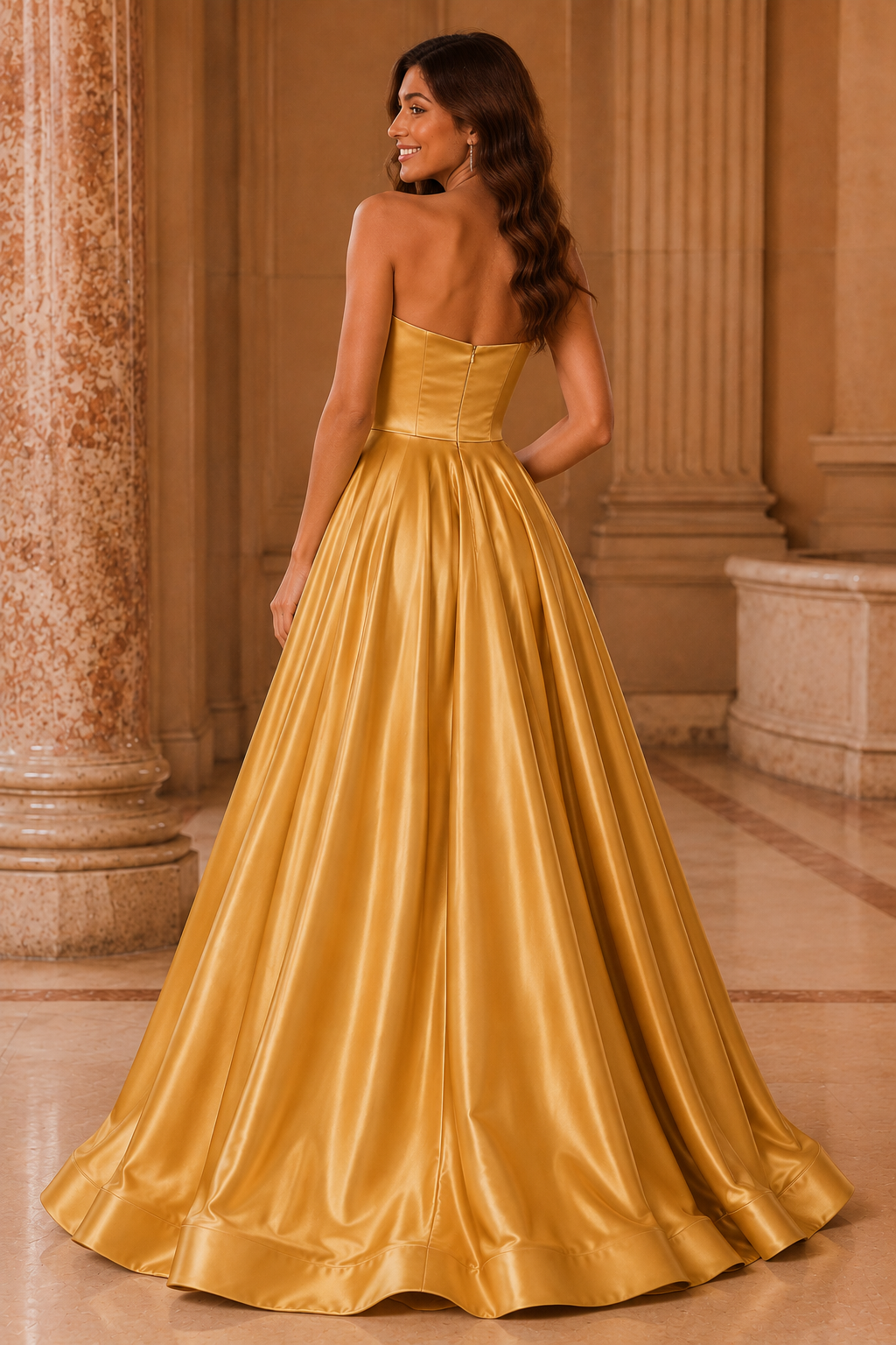 Kalvina A Line Satin Floor Length Prom Dress in Yellow - back view