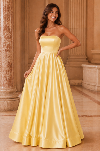 Kalvina A Line Satin Floor Length Prom Dress in Yellow - front view