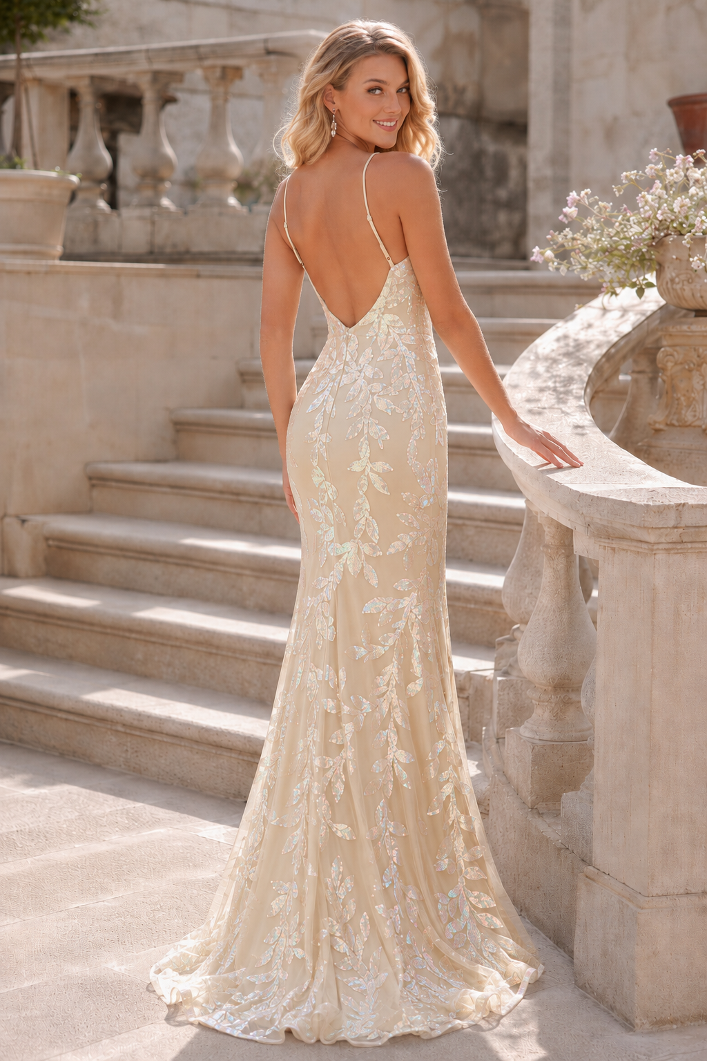 Elidora Mermaid V Neck Sequins Tulle Sweep Train Prom Dress in Champagne - back view