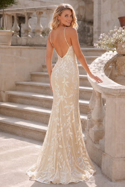 Elidora Mermaid V Neck Sequins Tulle Sweep Train Prom Dress in Champagne - back view