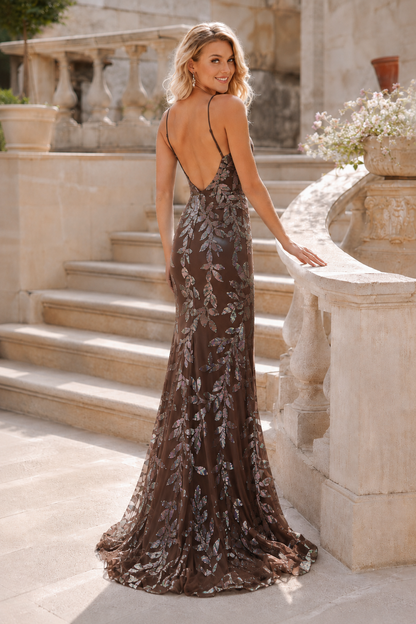 Elidora Mermaid V Neck Sequins Tulle Sweep Train Prom Dress in Chocolate Brown - back view
