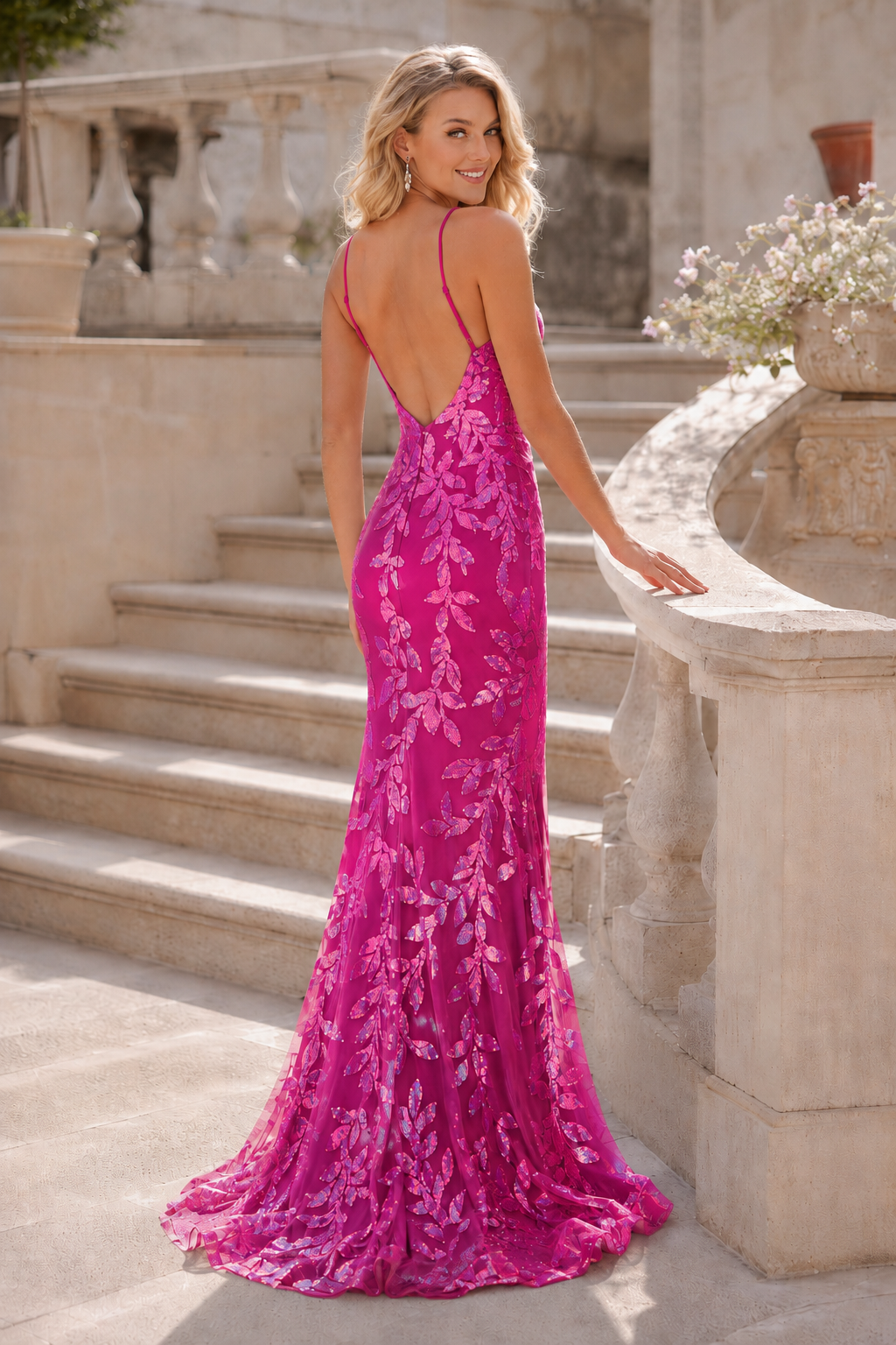 Elidora Mermaid V Neck Sequins Tulle Sweep Train Prom Dress in Hot Pink - back view
