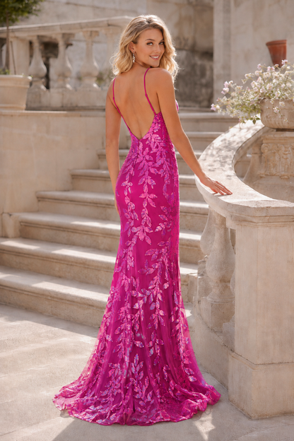 Elidora Mermaid V Neck Sequins Tulle Sweep Train Prom Dress in Hot Pink - back view