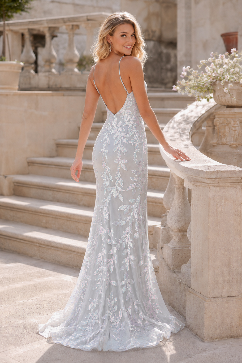 Elidora Mermaid V Neck Sequins Tulle Sweep Train Prom Dress in Silver - back view