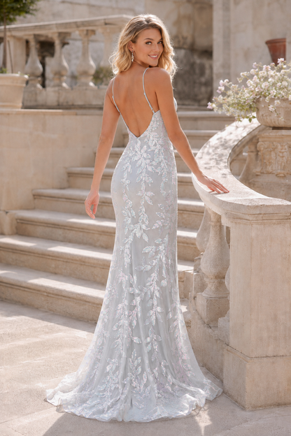 Elidora Mermaid V Neck Sequins Tulle Sweep Train Prom Dress in Silver - back view