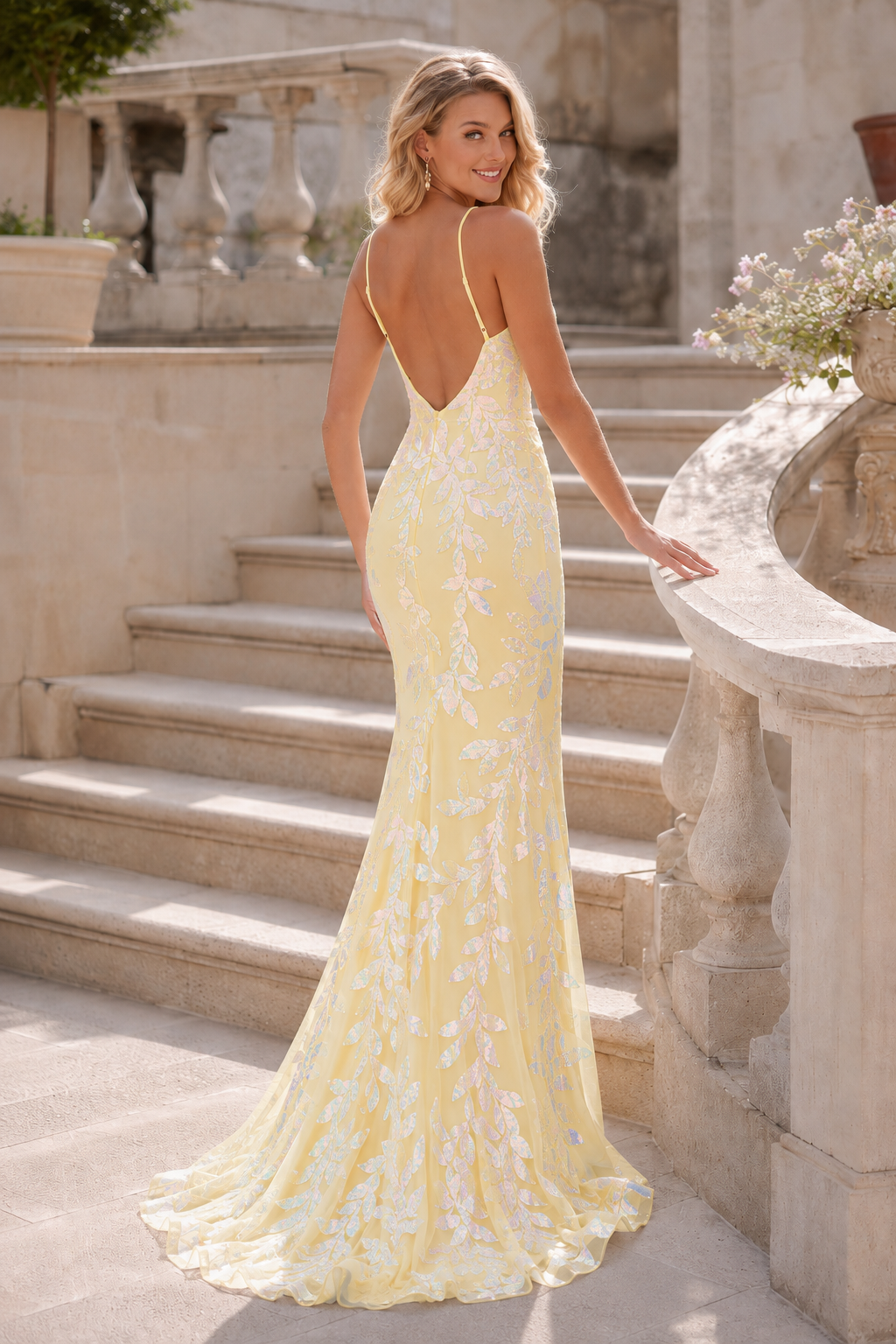 Elidora Mermaid V Neck Sequins Tulle Sweep Train Prom Dress in Yellow - back view