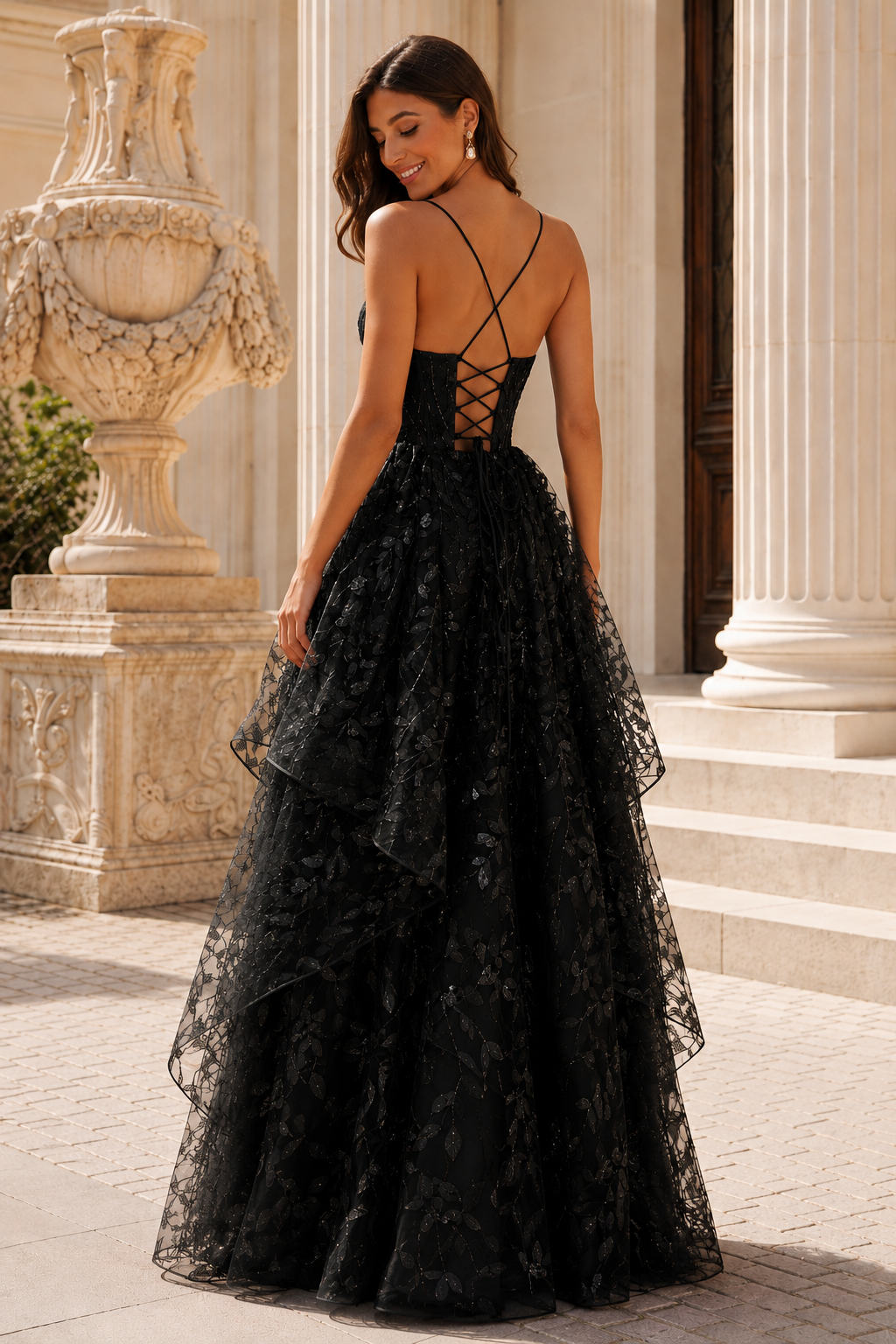 Jorlena Spaghetti-Strap Embellished A-Line Prom Dress in Black - back view