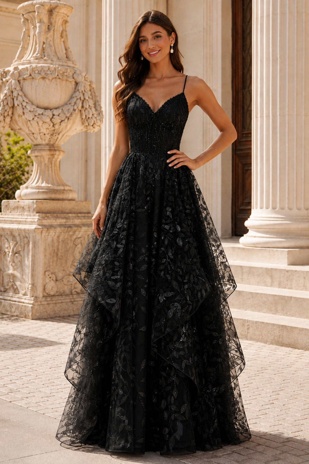 Jorlena Spaghetti-Strap Embellished A-Line Prom Dress in Black - front view