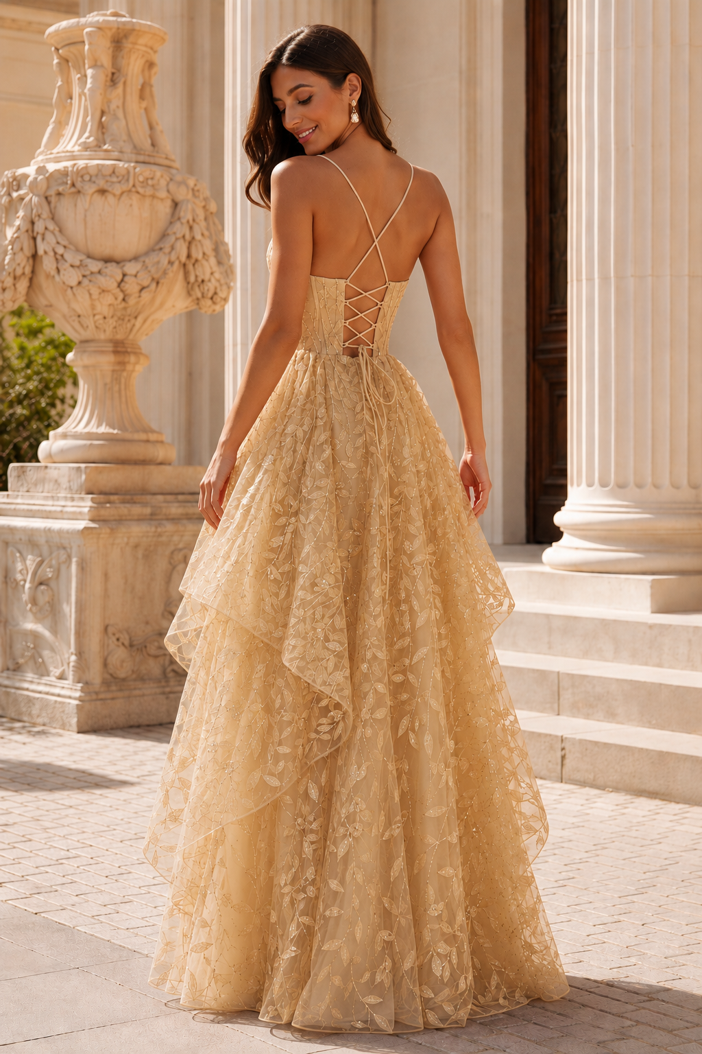 Jorlena Spaghetti-Strap Embellished A-Line Prom Dress in Champagne - back view