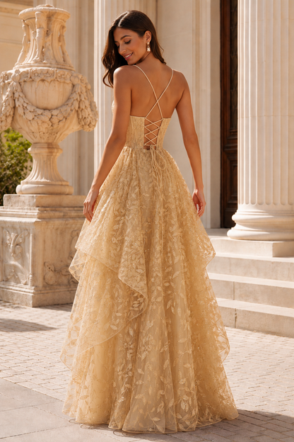 Jorlena Spaghetti-Strap Embellished A-Line Prom Dress in Champagne - back view