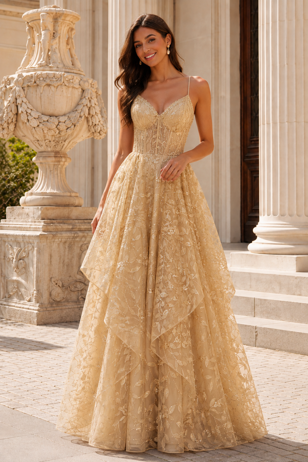 Jorlena Spaghetti-Strap Embellished A-Line Prom Dress in Champagne - front view