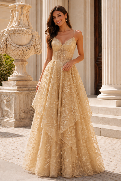 Jorlena Spaghetti-Strap Embellished A-Line Prom Dress in Champagne - front view