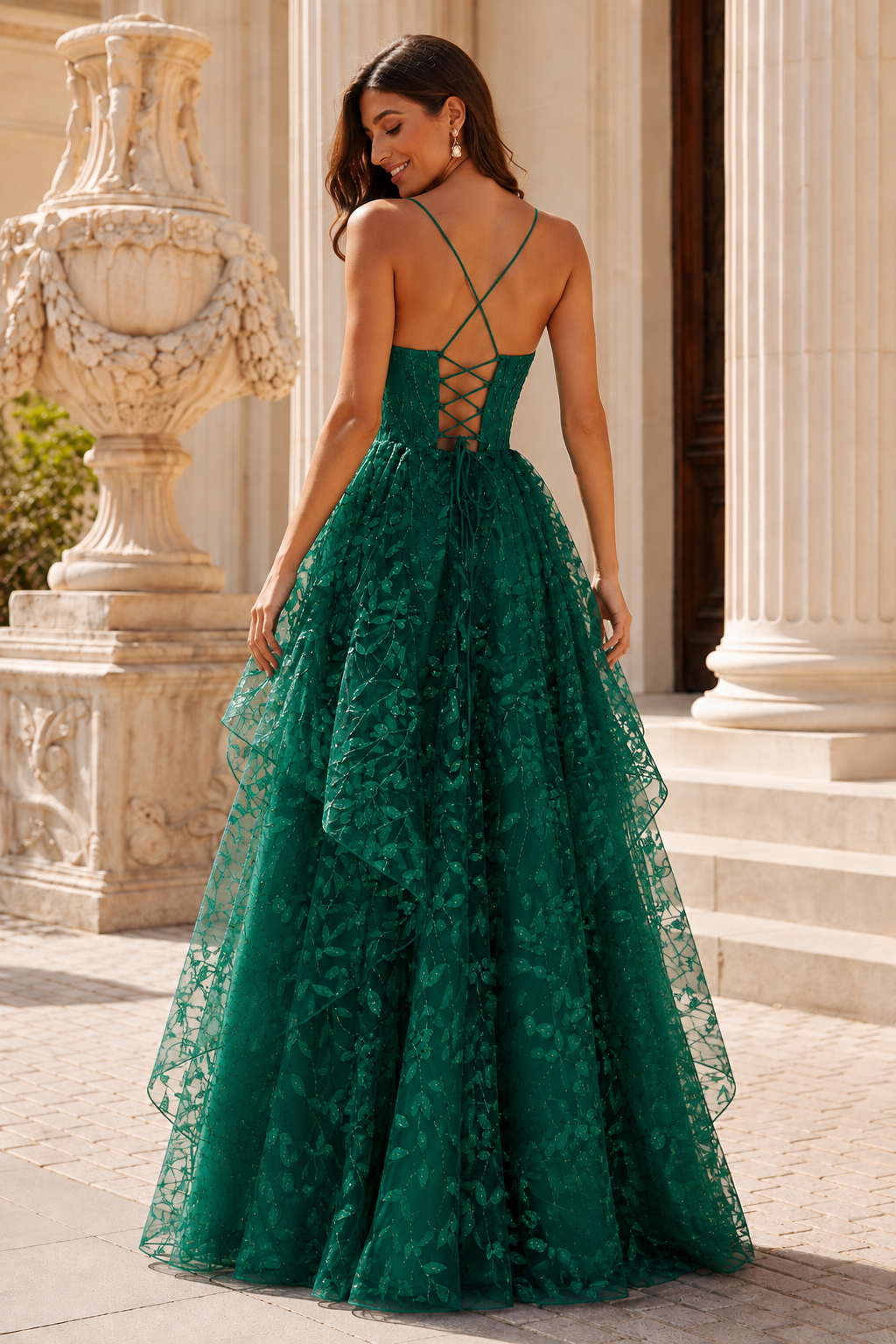 Jorlena Spaghetti-Strap Embellished A-Line Prom Dress in Emerald Green - back view