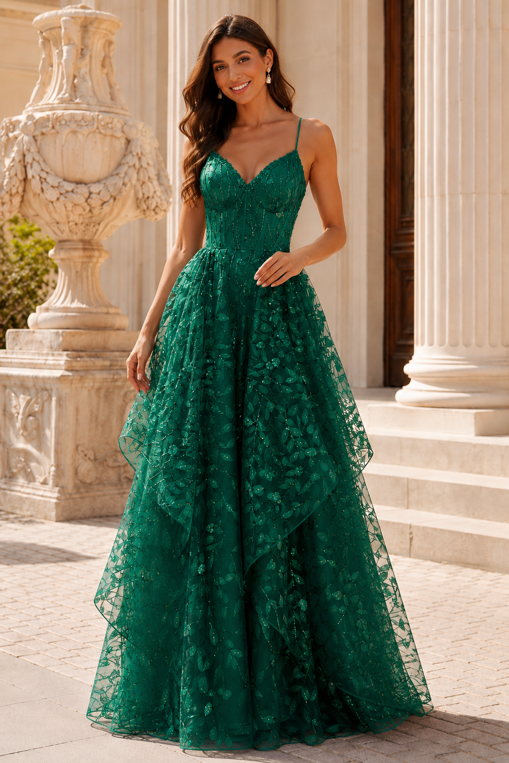 Jorlena Spaghetti-Strap Embellished A-Line Prom Dress in Emerald Green - front view