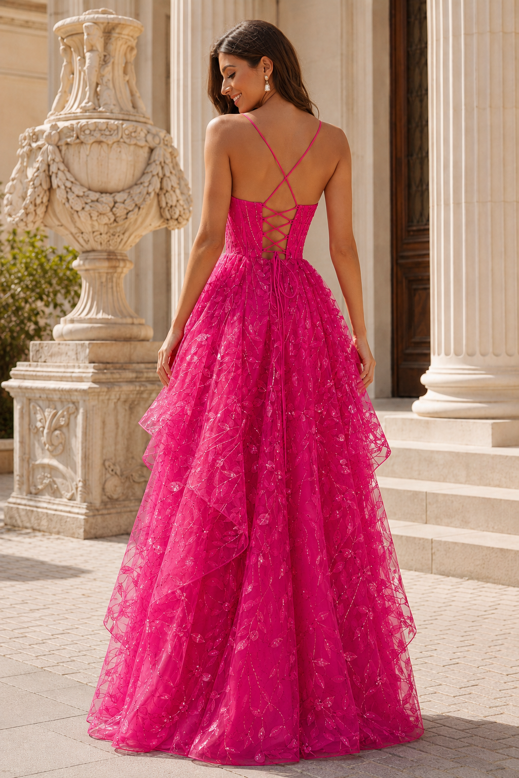 Jorlena Spaghetti-Strap Embellished A-Line Prom Dress in Hot Pink - back view