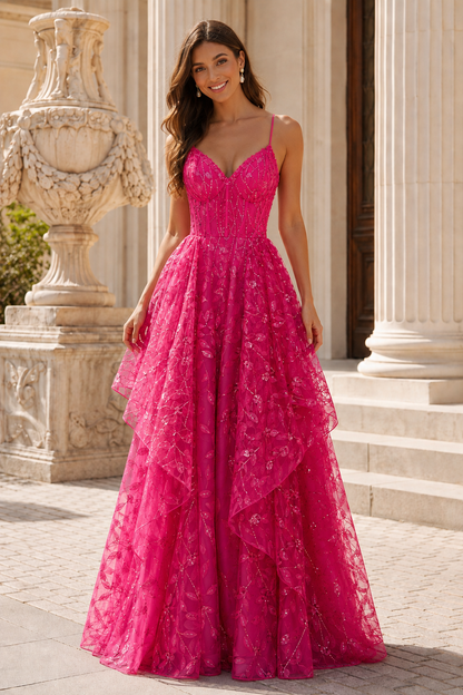 Jorlena Spaghetti-Strap Embellished A-Line Prom Dress in Hot Pink - front view
