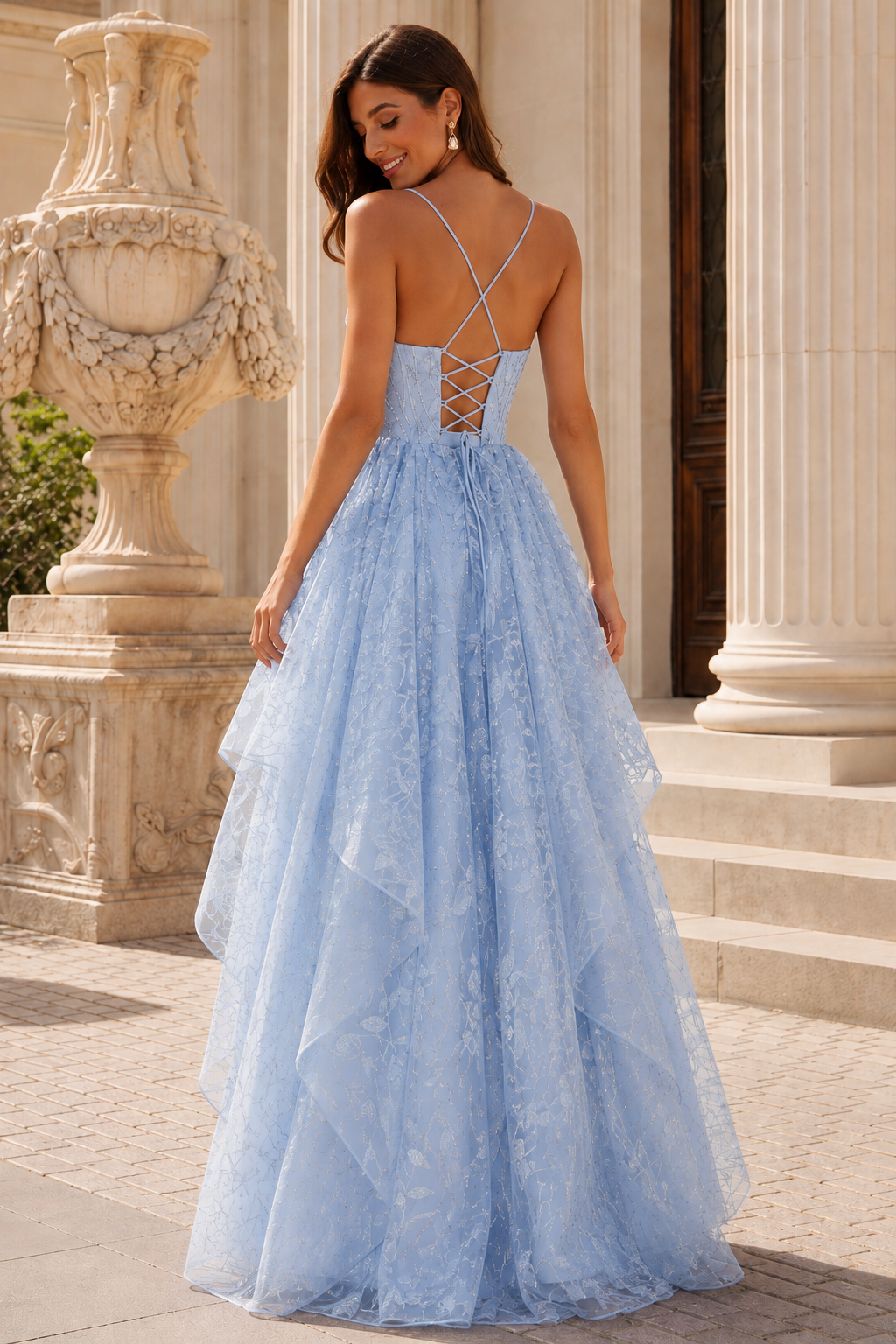 Jorlena Spaghetti-Strap Embellished A-Line Prom Dress in Light Blue - back view