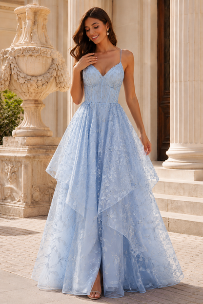 Jorlena Spaghetti-Strap Embellished A-Line Prom Dress in Light Blue - front view