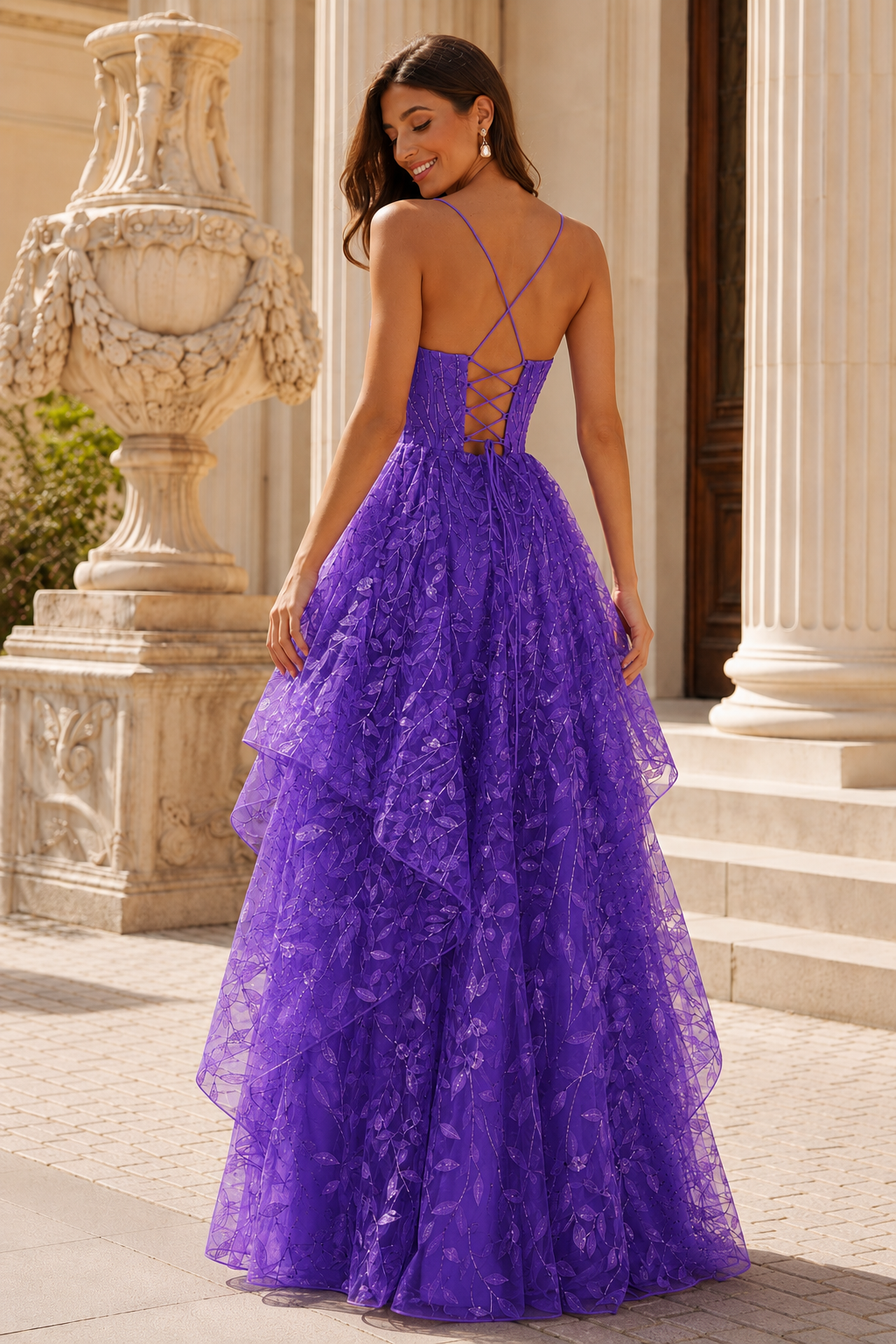 Jorlena Spaghetti-Strap Embellished A-Line Prom Dress in Purple - back view