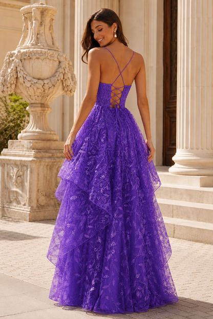Jorlena Spaghetti-Strap Embellished A-Line Prom Dress in Purple - back view