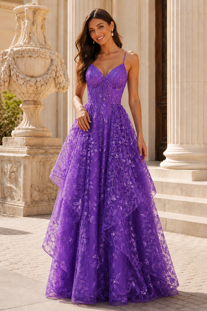 Jorlena Spaghetti-Strap Embellished A-Line Prom Dress in Purple - front view