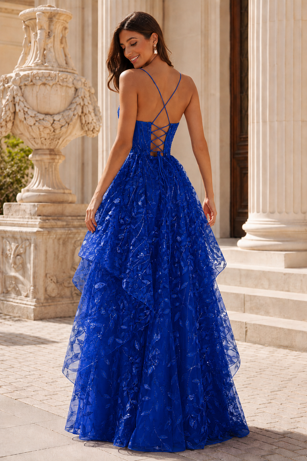 Jorlena Spaghetti-Strap Embellished A-Line Prom Dress in Royal Blue - back view