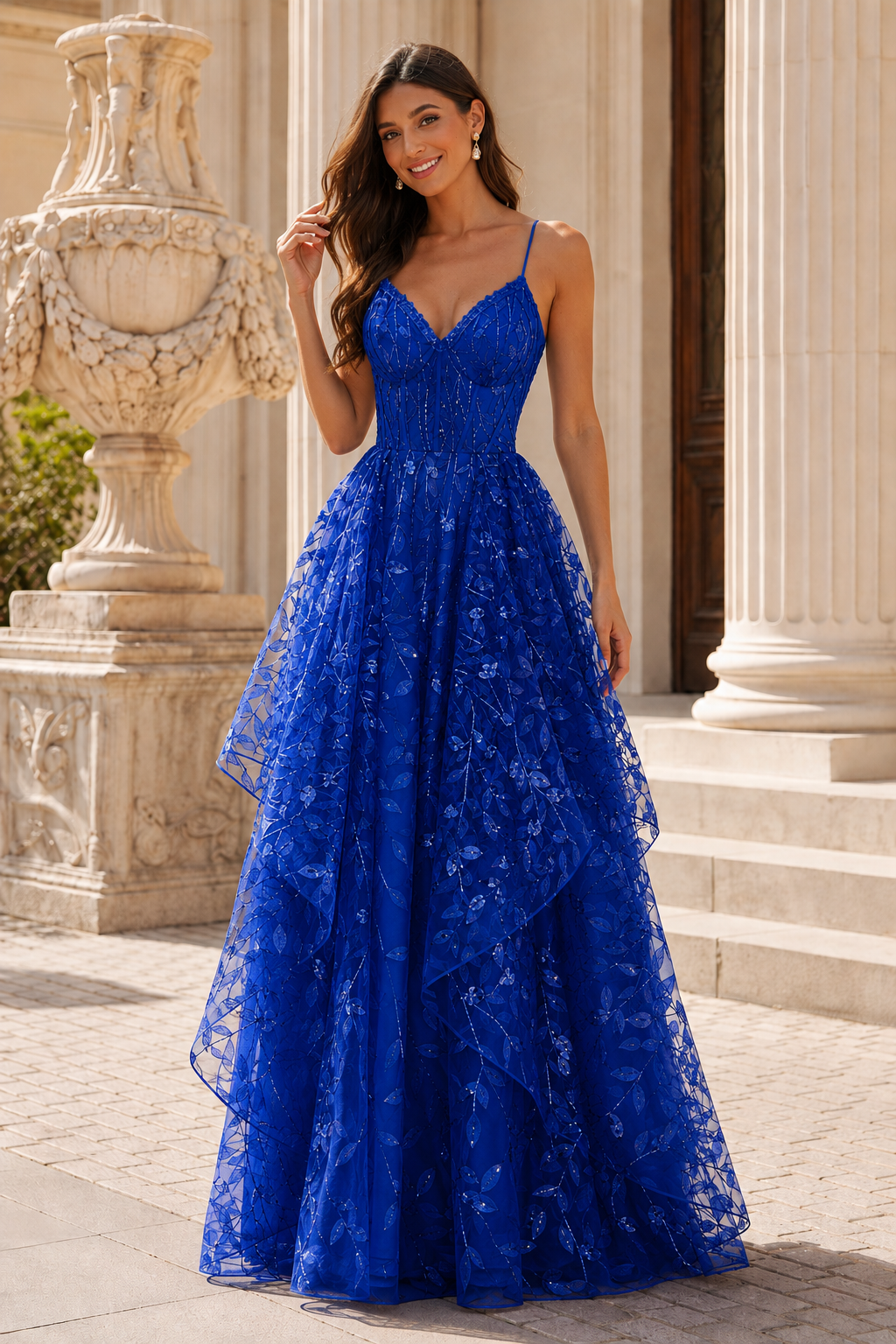 Jorlena Spaghetti-Strap Embellished A-Line Prom Dress in Royal Blue - front view