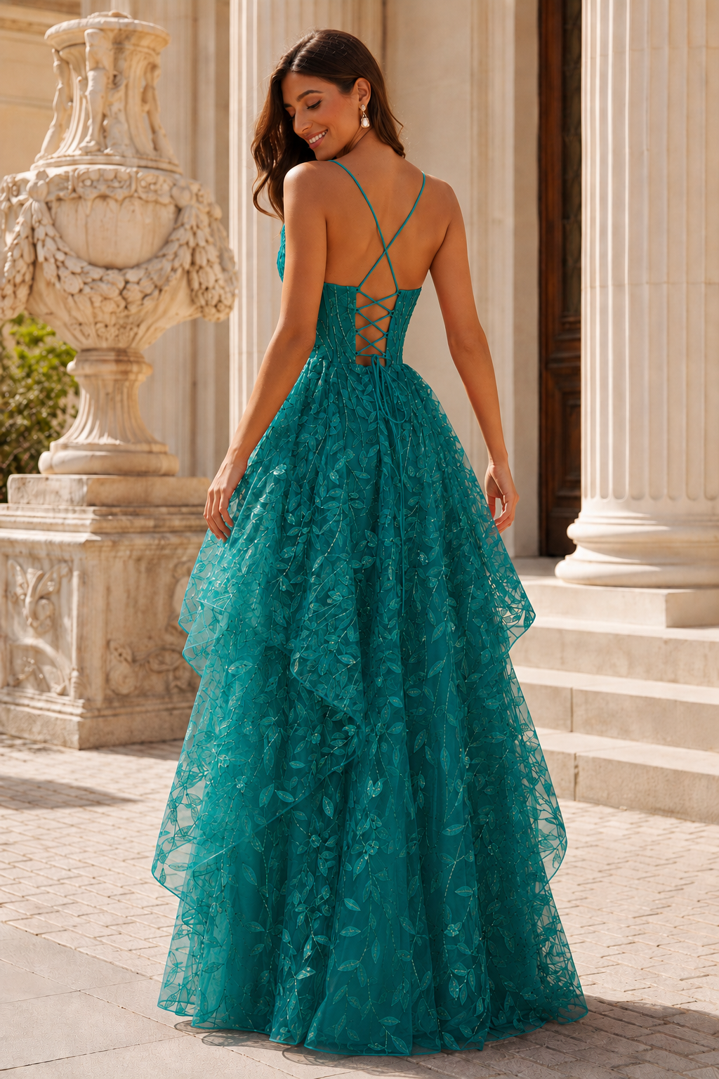 Jorlena Spaghetti-Strap Embellished A-Line Prom Dress in Teal - back view