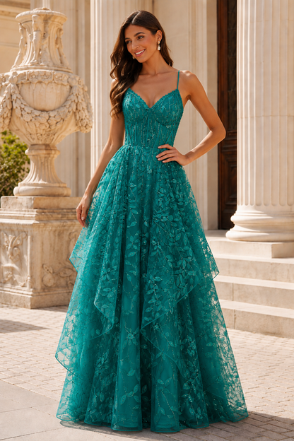 Jorlena Spaghetti-Strap Embellished A-Line Prom Dress in Teal - front view