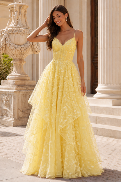 Jorlena Spaghetti-Strap Embellished A-Line Prom Dress in Yellow - front view
