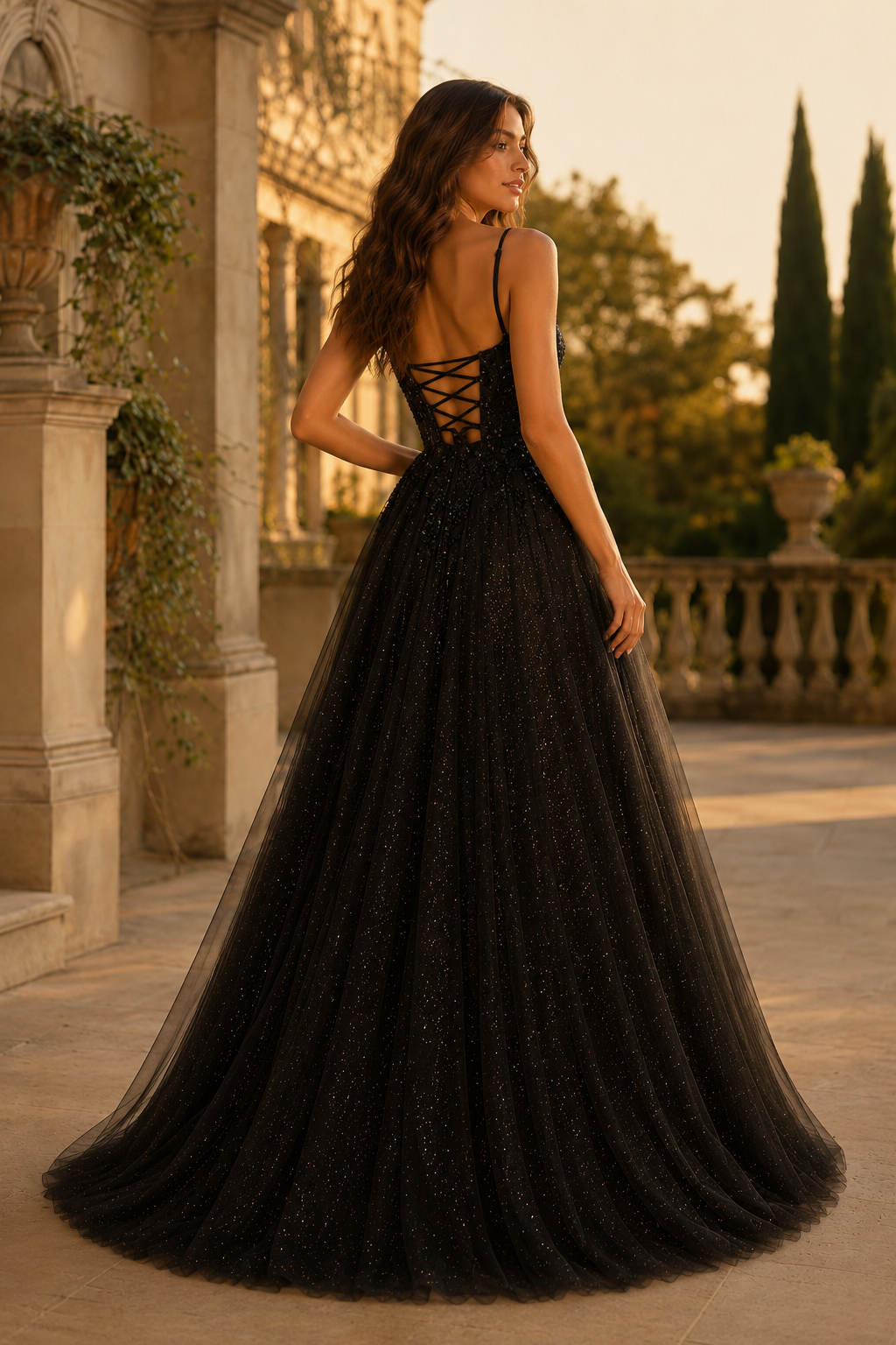 Jormara Spaghetti-Strap A-Line with Slit Prom Dress in Black - back view