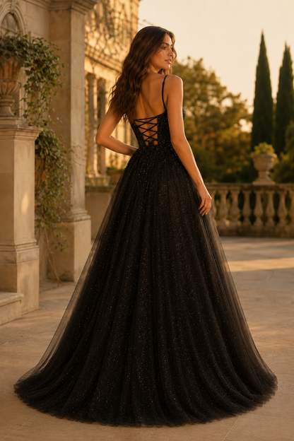 Jormara Spaghetti-Strap A-Line with Slit Prom Dress in Black - back view