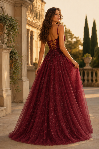 Jormara Spaghetti-Strap A-Line with Slit Prom Dress in Burgundy - back view