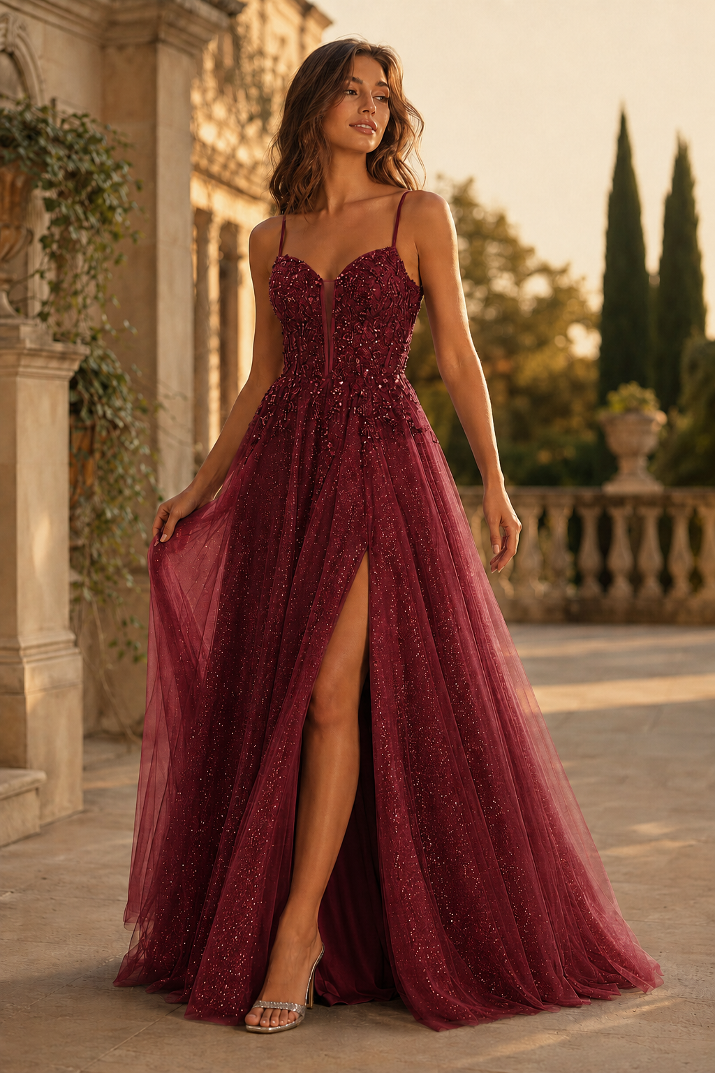 Jormara Spaghetti-Strap A-Line with Slit Prom Dress in Burgundy - front view