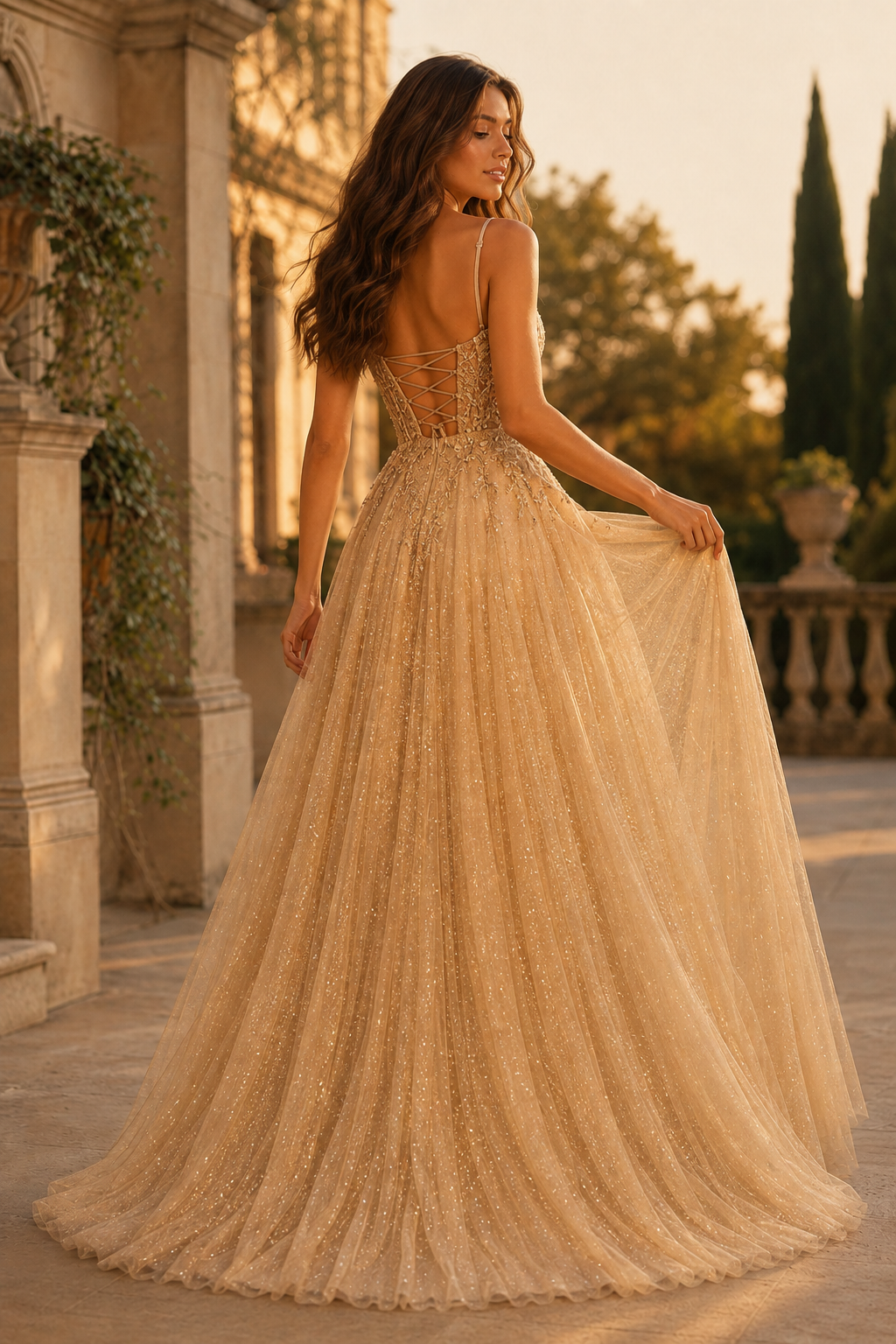 Jormara Spaghetti-Strap A-Line with Slit Prom Dress in Champagne - back view