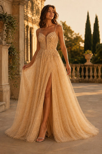 Jormara Spaghetti-Strap A-Line with Slit Prom Dress in Champagne - front view