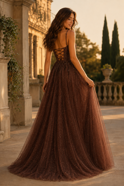 Jormara Spaghetti-Strap A-Line with Slit Prom Dress in Chocolate Brown - back view