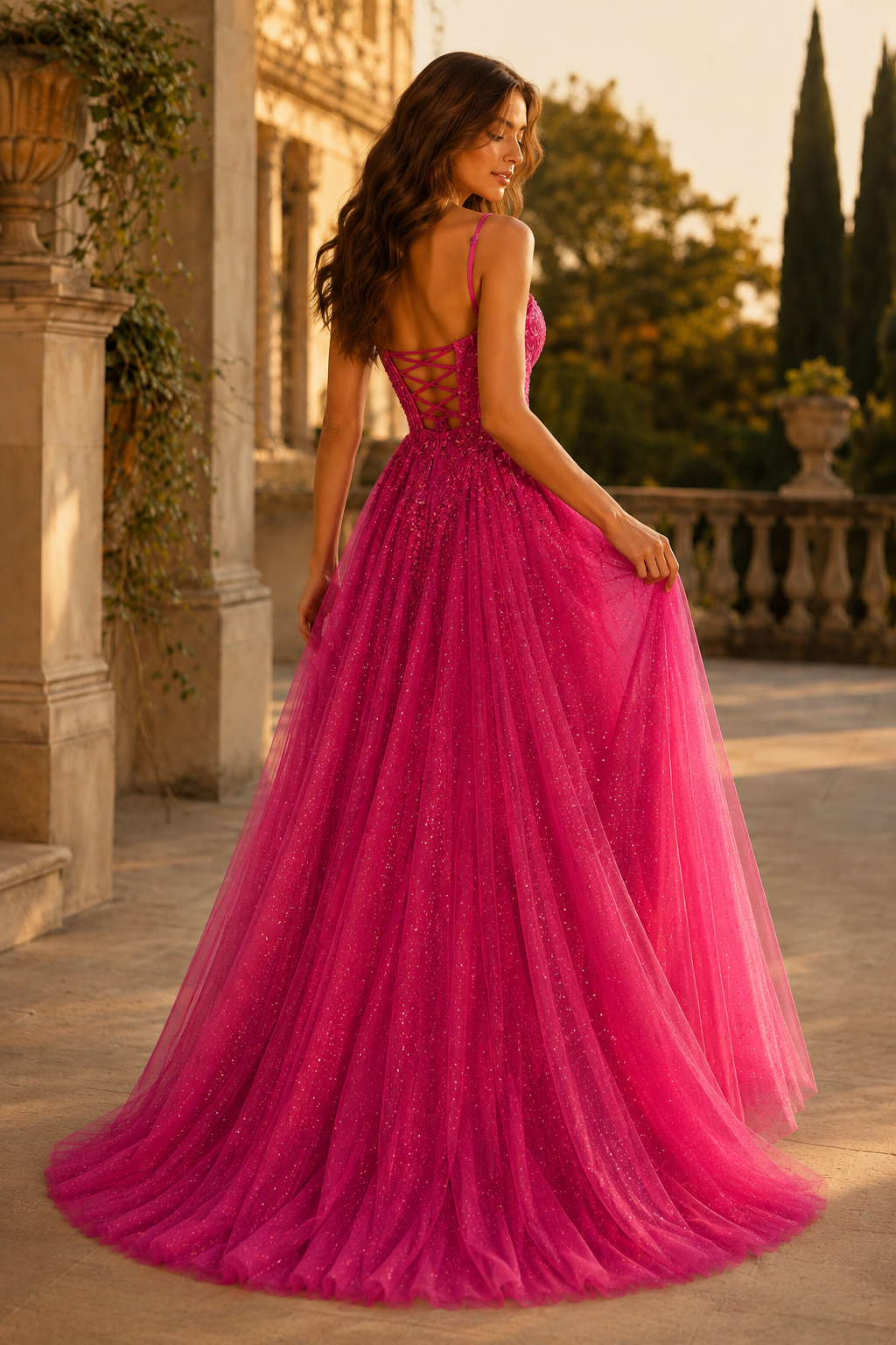Jormara Spaghetti-Strap A-Line with Slit Prom Dress in Hot Pink - back view