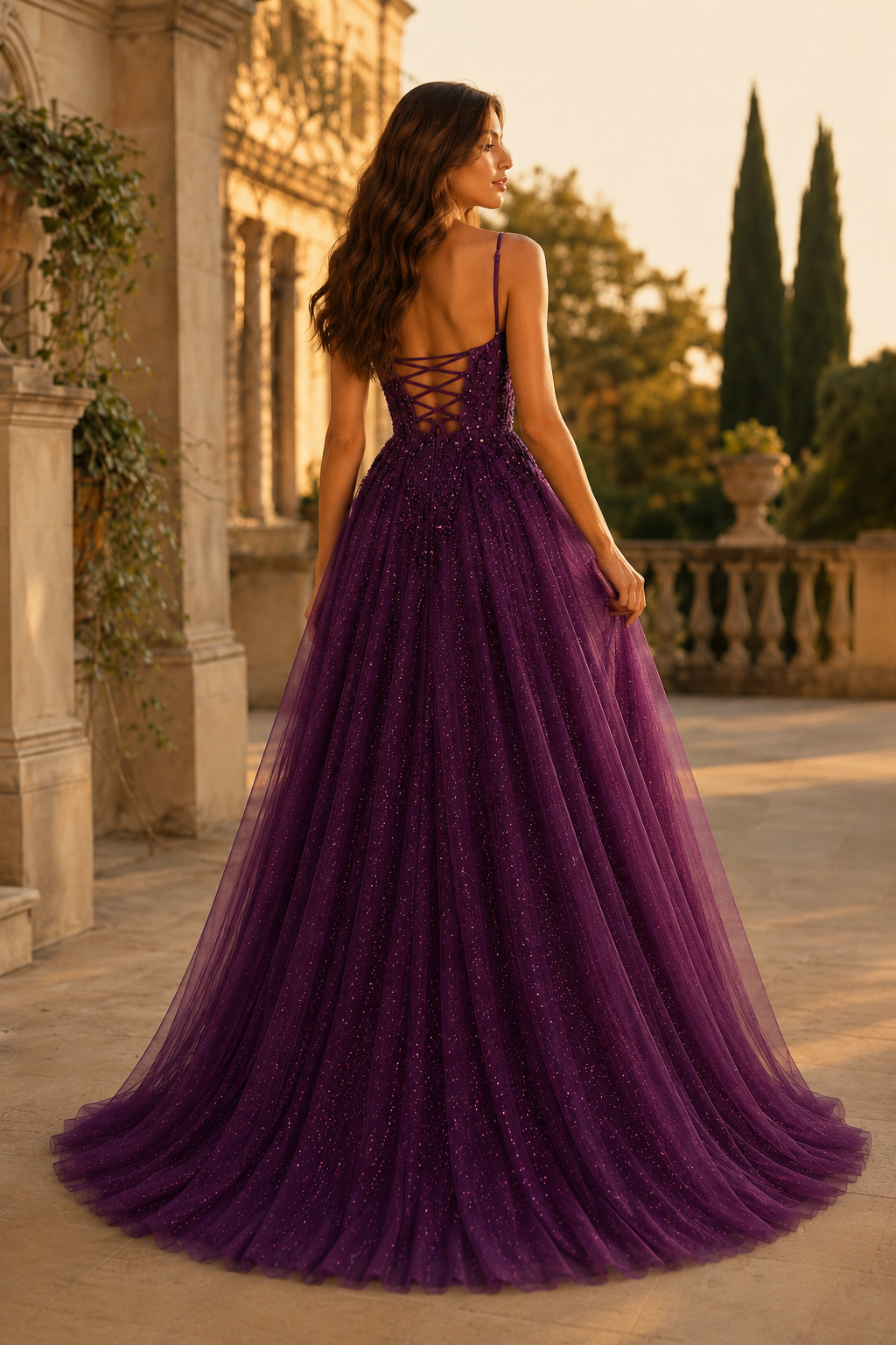 Jormara Spaghetti-Strap A-Line with Slit Prom Dress in Purple - back view