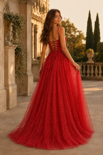 Jormara Spaghetti-Strap A-Line with Slit Prom Dress in Red - back view