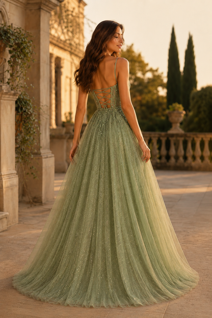Jormara Spaghetti-Strap A-Line with Slit Prom Dress in Sage Green - back view