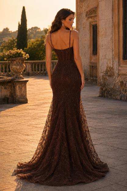 Jorsera Spaghetti-Strap Embroidered Mermaid Prom Dress in Black - back view