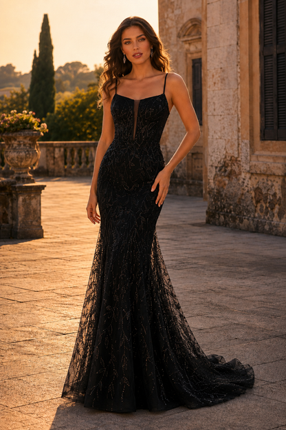 Jorsera Spaghetti-Strap Embroidered Mermaid Prom Dress in Black - front view